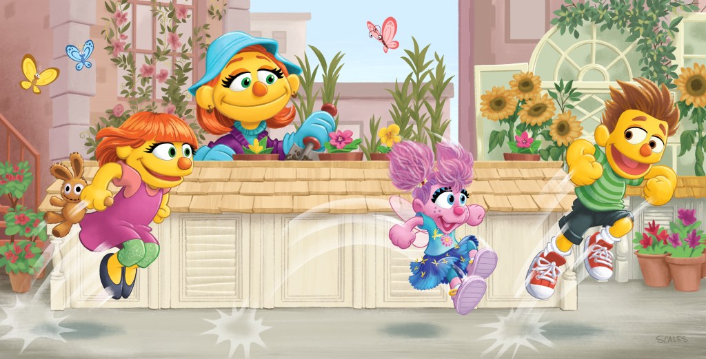 Julia, Abby Cadaby, and Sam, jump around the community garden while Elena looks on, in this colorful spec illustration for Sesame Street.
Digital Illustration