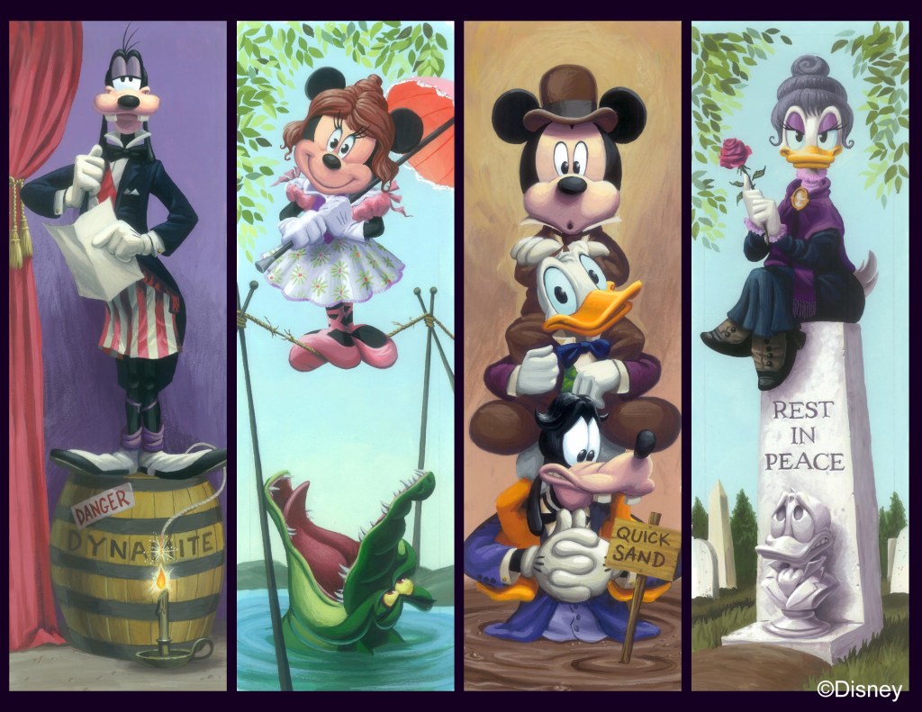 Mickey, Goofy, Donald, Minnie, and Daisy fill in for the usual suspects in this parody of the Haunted Mansion's famous Stretching Portraits. Produced as a premium for the Disneyland Food and Beverage department these paintings were available at Disneyland Resort restaurants.
Gouache on Illustration Board