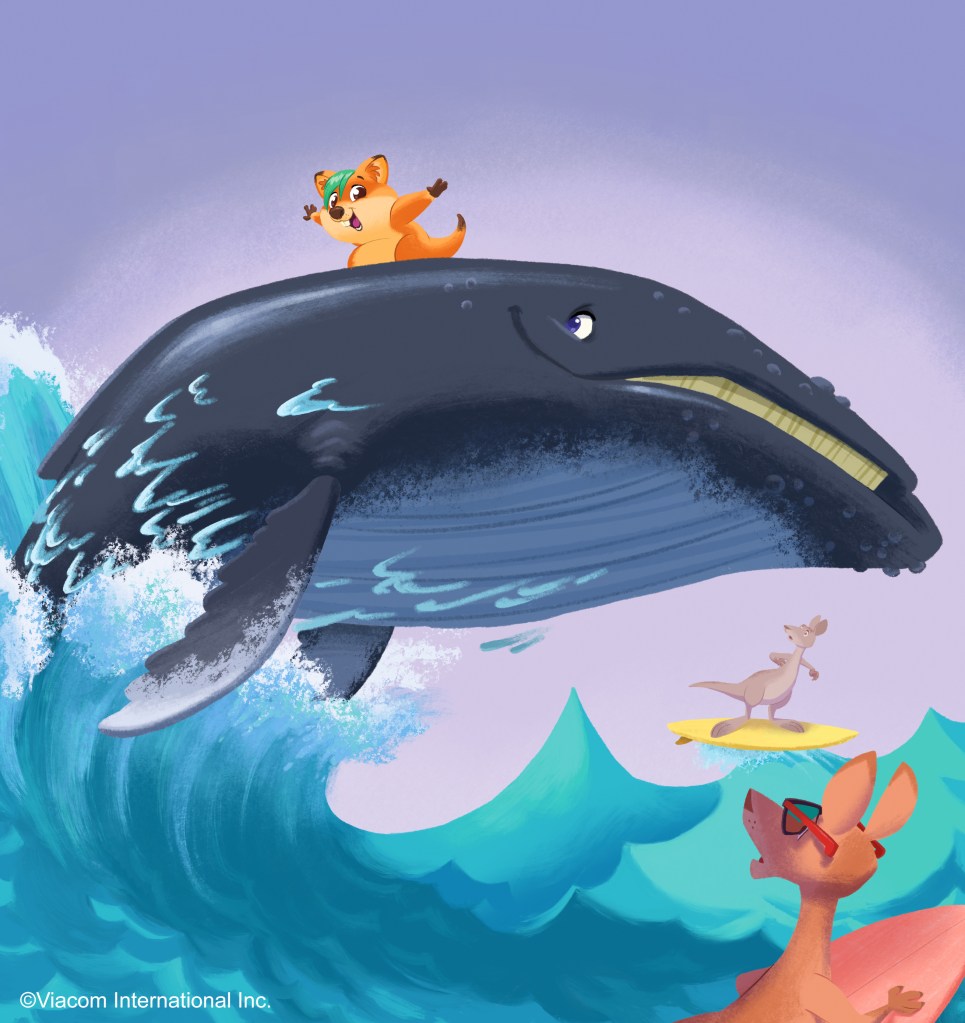 Quinn Quokka surfs atop the back of a huge humpback whale while surfing kangaroos watch in amazement. From the book Quinn B. Quokka Rides the Waves published by Nickelodeon.
Digital illustration.